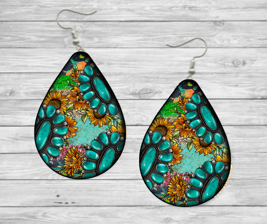 “Turquoise and Sunflower” Teardrop Earrings