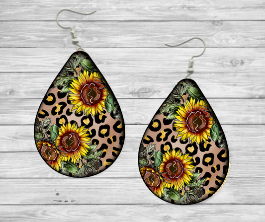 “Sunflowers and Cheetah” Teardrop Earrings
